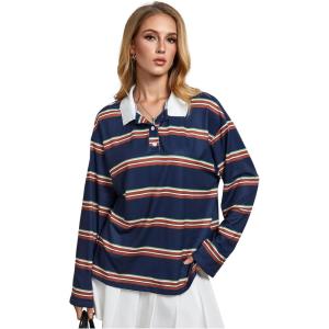 image:imageSOLY HUX Womens Striped Oversized T Shirts Collared Long Sleeve Vintage Tees StreetwearMulticoloured Striped