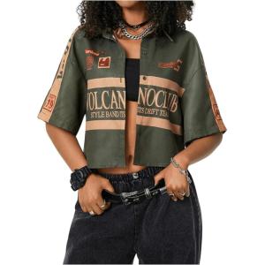image:imageSOLY HUX Womens Summer Button Down Vintage Shirt Short Sleeve Graphic Crop Tops Motorcycle BlouseArmy Green