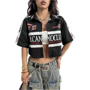 image:imageSOLY HUX Womens Summer Button Down Vintage Shirt Short Sleeve Graphic Crop Tops Motorcycle BlouseBlack Graphic