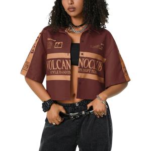 image:imageSOLY HUX Womens Summer Button Down Vintage Shirt Short Sleeve Graphic Crop Tops Motorcycle BlouseBrown Graphic