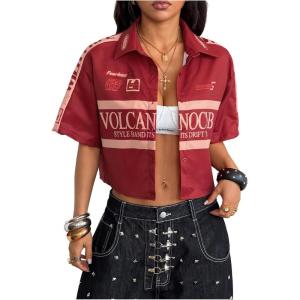image:imageSOLY HUX Womens Summer Button Down Vintage Shirt Short Sleeve Graphic Crop Tops Motorcycle BlouseBurgundy Graphic