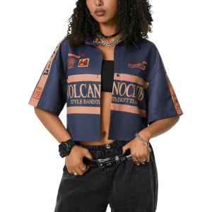 image:imageSOLY HUX Womens Summer Button Down Vintage Shirt Short Sleeve Graphic Crop Tops Motorcycle BlouseDark Blue