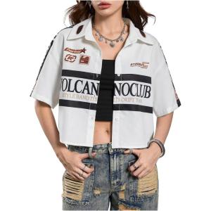 image:imageSOLY HUX Womens Summer Button Down Vintage Shirt Short Sleeve Graphic Crop Tops Motorcycle BlouseWhite Graphic