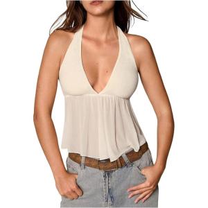 image:imageSOLY HUX Womens Tie Backless Sleeveless Halter Tops Deep V Neck Peplum Ruffle Mesh Sheer Summer Crop TopSolid Apricot