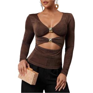image:imageSOLY HUX Womens V Neck Cut Out T Shirt Long Sleeve Ruched Tee Slim Fitted Going Out TopsPure Brown