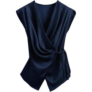 image:imageSOLY HUX Womens V Neck Satin Blouse Wrap Tie Side Sleeveless Shirt Summer Business Casual TopsSolid Dark Blue