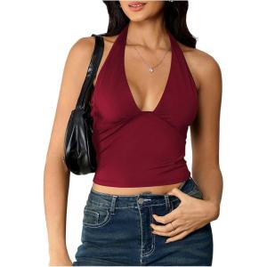 image:imageSOLY HUX Womens Y2K Halter Crop Tops V Neck Sleeveless Backless Going Out Slim Fit TopsPlain Burgundy