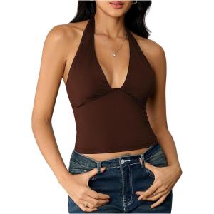 image:imageSOLY HUX Womens Y2K Halter Crop Tops V Neck Sleeveless Backless Going Out Slim Fit TopsPlain Coffee Brown