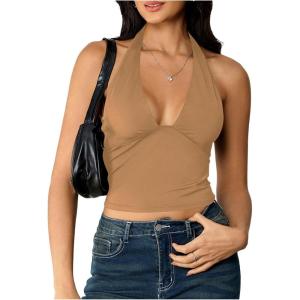 image:imageSOLY HUX Womens Y2K Halter Crop Tops V Neck Sleeveless Backless Going Out Slim Fit TopsSolid Khaki
