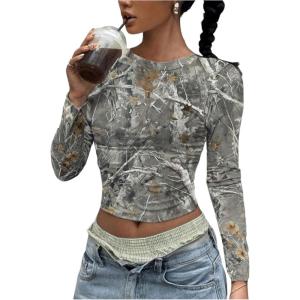 image:imageSOLY HUX Womens Y2k Camo T Shirt Crew Neck Long Sleeve Slim Fit Tee Going Out Crop TopsLight Grey Maple Leaf