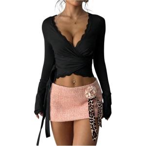 image:imageSOLY HUX Womens Y2k Lace Crop Tops Deep V Neck Long Sleeve Wrap Tie Side T Shirt Going Out Top Coquette ClothesPure Black