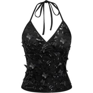 image:imageSOLY HUX Womens Y2k Sequin Halter Crop Top Cute 3D Butterfly Glitter Coquette Party Club TopsPure Black