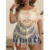 image:imageSOLY HUX Womens Plus Size Hollow Out Fringe Hem T Shirts Short Sleeve Knitted Crochet TopsPlain Apricot
