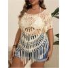 image:imageSOLY HUX Womens Plus Size Hollow Out Fringe Hem T Shirts Short Sleeve Knitted Crochet TopsPlain Apricot