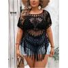 image:imageSOLY HUX Womens Plus Size Hollow Out Fringe Hem T Shirts Short Sleeve Knitted Crochet TopsPlain Black