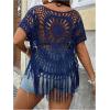 image:imageSOLY HUX Womens Plus Size Hollow Out Fringe Hem T Shirts Short Sleeve Knitted Crochet TopsPlain Blue