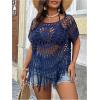 image:imageSOLY HUX Womens Plus Size Hollow Out Fringe Hem T Shirts Short Sleeve Knitted Crochet TopsPlain Blue