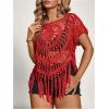 image:imageSOLY HUX Womens Plus Size Hollow Out Fringe Hem T Shirts Short Sleeve Knitted Crochet TopsPlain Red