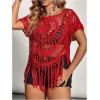 image:imageSOLY HUX Womens Plus Size Hollow Out Fringe Hem T Shirts Short Sleeve Knitted Crochet TopsPlain Red