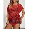 image:imageSOLY HUX Womens Plus Size Hollow Out Fringe Hem T Shirts Short Sleeve Knitted Crochet TopsPlain Red