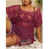 image:imageSOLY HUX Womens Plus Size Hollow Out Fringe Hem T Shirts Short Sleeve Knitted Crochet TopsPlain Rose Red
