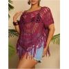image:imageSOLY HUX Womens Plus Size Hollow Out Fringe Hem T Shirts Short Sleeve Knitted Crochet TopsPlain Rose Red