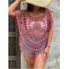 image:imageSOLY HUX Womens Plus Size Hollow Out Fringe Hem T Shirts Short Sleeve Knitted Crochet TopsPlain Watermelon Pink