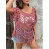image:imageSOLY HUX Womens Plus Size Hollow Out Fringe Hem T Shirts Short Sleeve Knitted Crochet TopsPlain Watermelon Pink