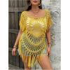 image:imageSOLY HUX Womens Plus Size Hollow Out Fringe Hem T Shirts Short Sleeve Knitted Crochet TopsPlain Yellow