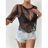 image:imageSOLY HUX Womens Sheer Mesh Crop Top Lace Short Sleeve Crew Neck See Through Tshirts Summer OutfitsBlack Sheer