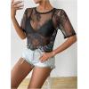 image:imageSOLY HUX Womens Sheer Mesh Crop Top Lace Short Sleeve Crew Neck See Through Tshirts Summer OutfitsBlack Sheer