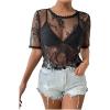 image:imageSOLY HUX Womens Sheer Mesh Crop Top Lace Short Sleeve Crew Neck See Through Tshirts Summer OutfitsBlack Sheer