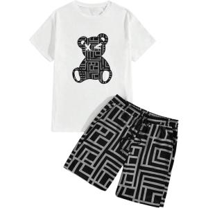 image:imageSOLY HUX Mens 2 Piece Summer Outfits Cartoon Graphic Short Sleeve T Shirt and Shorts SetGrey Bear