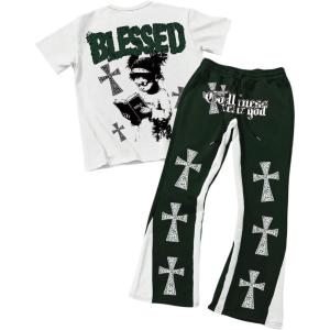 image:imageSOLY HUX Mens Graphic Summer Outfits Y2k Grunge Short Sleeve T Shirt Pants Set Hip Hop Streetwear 2 PieceDark Green Multi