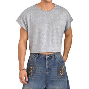 image:imageSOLY HUX Mens Short Sleeve Crew Neck Cropped T Shirts Summer Basic Baggy Tee TopsSolid Grey