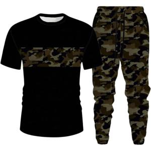 image:imageSOLY HUX Mens Tracksuit Set Camo Print Short Sleeve T Shirt and Jogger Pants 2 Piece Hiking OutfitsBlack Camo