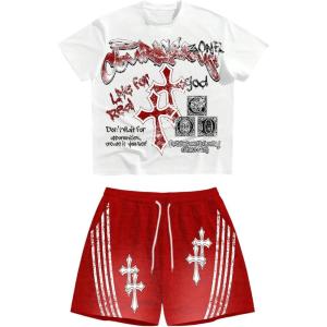 image:imageSOLY HUX Mens Y2k Gothic Grunge Outfits Short Sleeve T Shirt and Shorts Summer Set StreetwearRed and White
