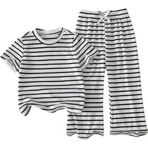 image:imageSOLY HUX Toddler Girls Striped Print 2 Piece Outfit Short Sleeve T Shirt and Pants Summer ClothesBlack and White