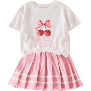 image:imageSOLY HUX Toddler Girls Summer 2 Piece Set Cherry Graphic T Shirt and Pleated Mini Skirts Cute Preppy ClothesWhite and Pink