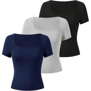 image:imageSOLY HUX Womens 3 Piece Square Neck T Shirts Summer Short Sleeve Fitted Dressy Casual TopsBlack Grey Dark Blue
