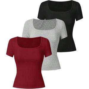 image:imageSOLY HUX Womens 3 Piece Square Neck T Shirts Summer Short Sleeve Fitted Dressy Casual TopsBlack Grey Red