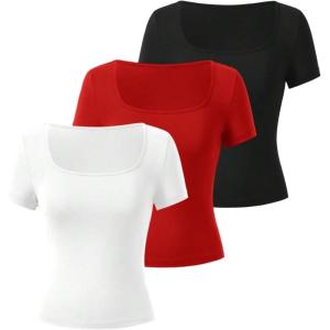 image:imageSOLY HUX Womens 3 Piece Square Neck T Shirts Summer Short Sleeve Fitted Dressy Casual TopsBlack and Red and White