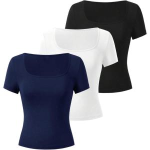 image:imageSOLY HUX Womens 3 Piece Square Neck T Shirts Summer Short Sleeve Fitted Dressy Casual TopsBlack and White and Dark Blue