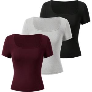 image:imageSOLY HUX Womens 3 Piece Square Neck T Shirts Summer Short Sleeve Fitted Dressy Casual TopsMulti Black