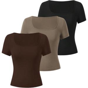 image:imageSOLY HUX Womens 3 Piece Square Neck T Shirts Summer Short Sleeve Fitted Dressy Casual TopsMulti Coffee Brown