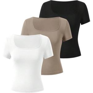 image:imageSOLY HUX Womens 3 Piece Square Neck T Shirts Summer Short Sleeve Fitted Dressy Casual TopsMulticolor Black
