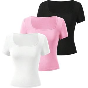 image:imageSOLY HUX Womens 3 Piece Square Neck T Shirts Summer Short Sleeve Fitted Dressy Casual TopsMulticolor Pink