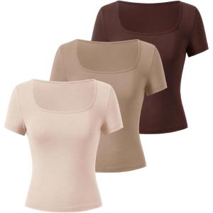 image:imageSOLY HUX Womens 3 Piece Square Neck T Shirts Summer Short Sleeve Fitted Dressy Casual TopsMulticoloured Brown