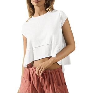 image:imageSOLY HUX Womens Athletic T Shirt Cap Sleeve Crewneck Asymmetrical Hem Tee Loose Fit Summer Crop TopsPlain White