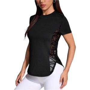 image:imageSOLY HUX Womens Athletic T Shirt Mesh Sheer Crew Neck Short Sleeve Workout Yoga Tee TopsBlack Geometric